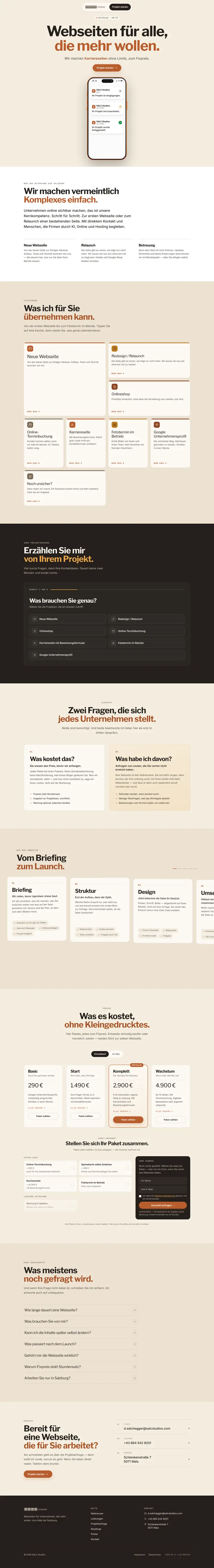 Die Website SALC Studios, von oben nach unten