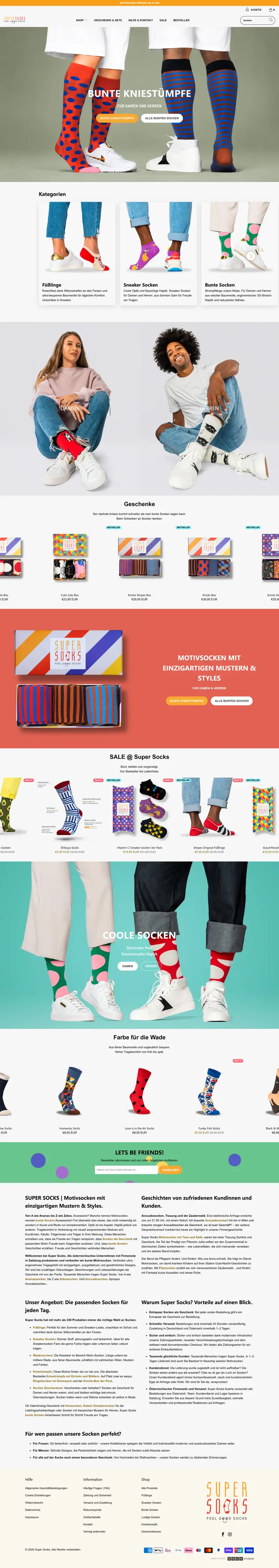 Die Website Super Socks, von oben nach unten